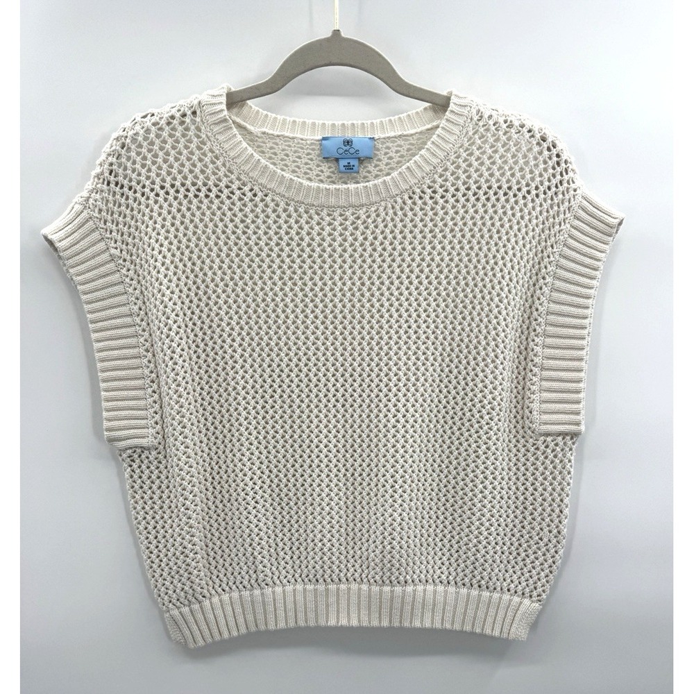 Women Open Knit Sweater Cropped Top Layers Cottagecore Coastal Boxy Beach Medium